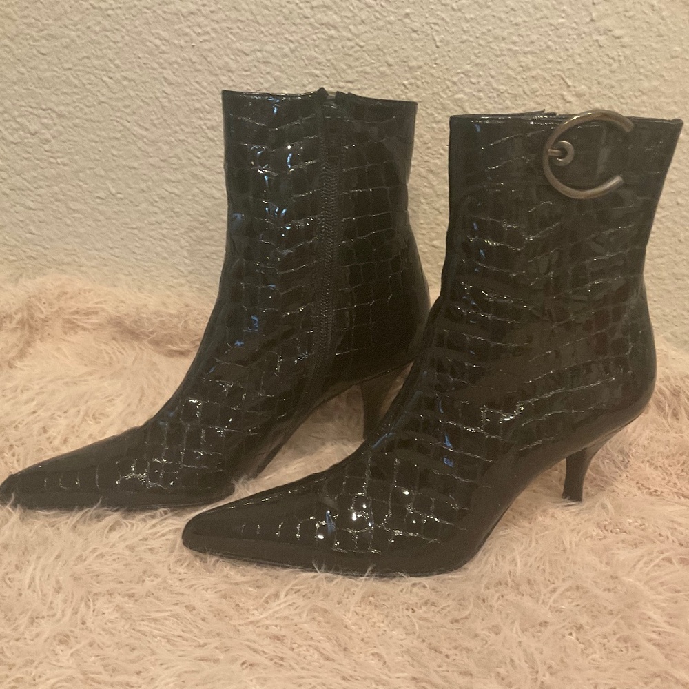 Vintage 90's Black Croc Embossed Booties by Stuart Weitzman